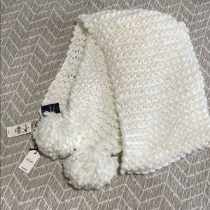 Express Hand-Knit Cozy White Knit Scarf with plush Pom Poms